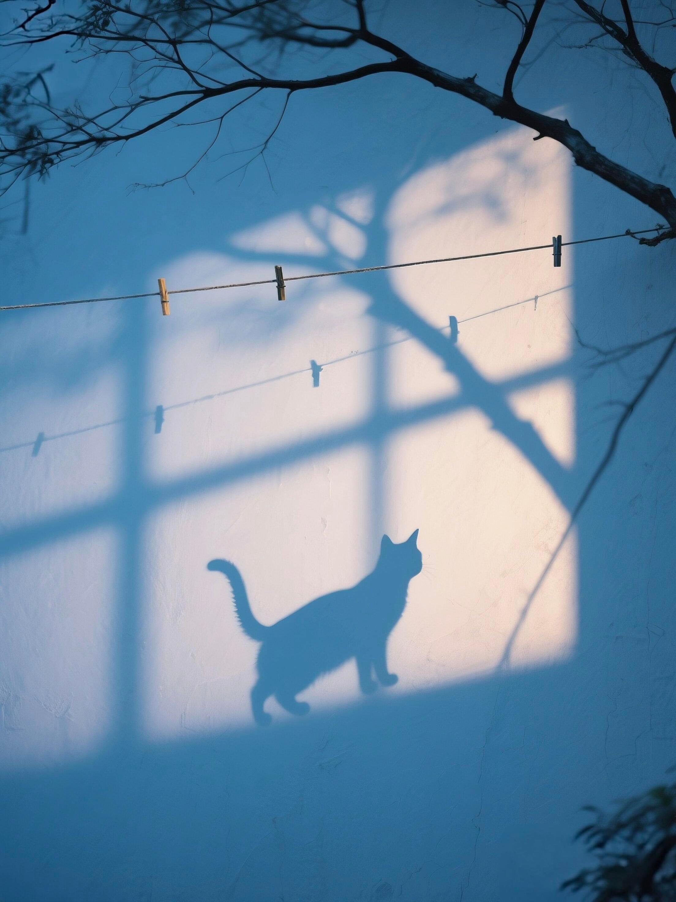 清晨，猫猫的影子爬上了墙 ​​​