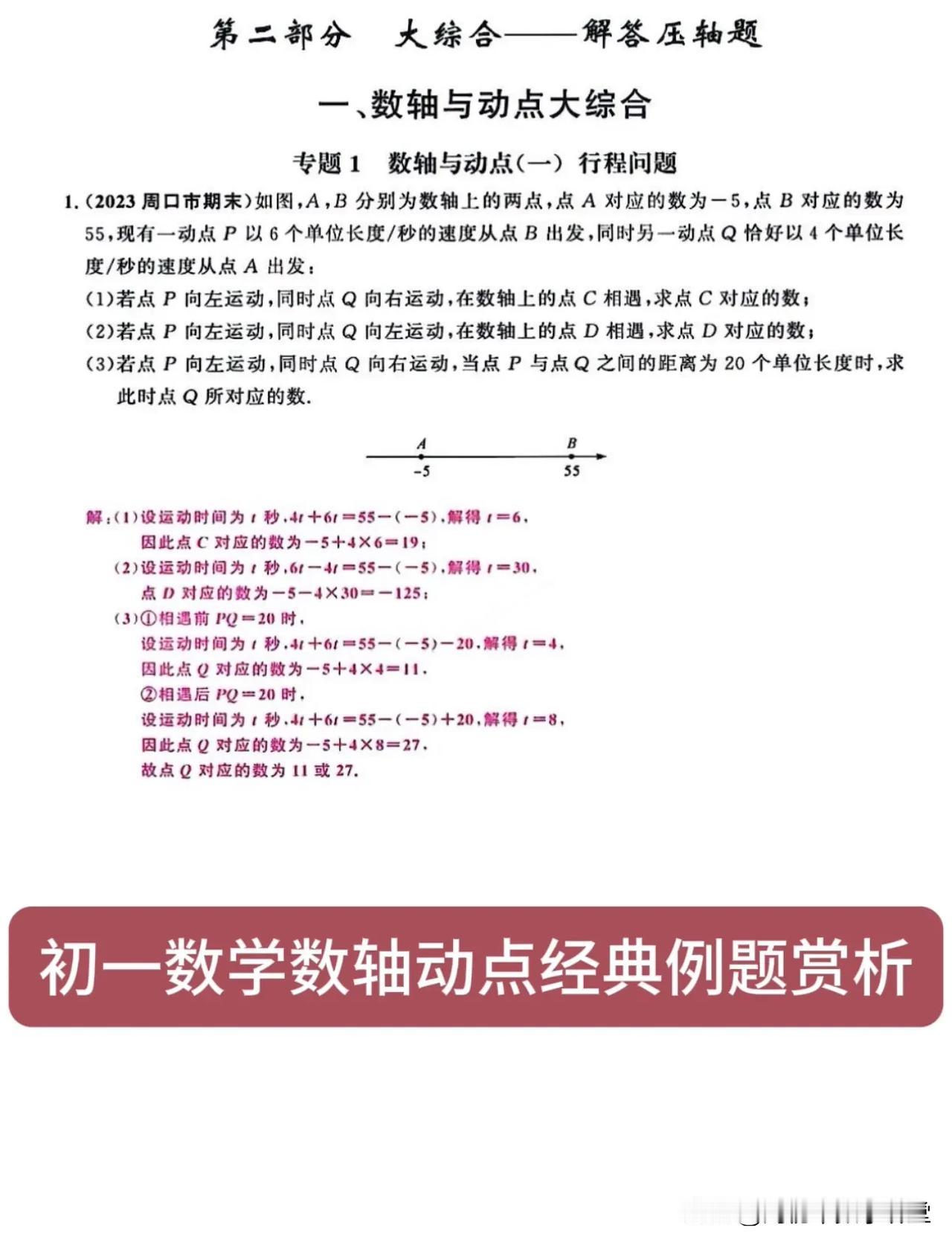 初一数学数轴动点经典例题赏析