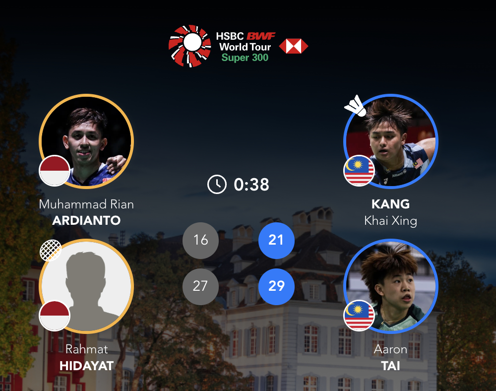 江凯兴/戴伟钦🇲🇾 21-16、29-27 🇮🇩阿迪安托/拉赫马特202