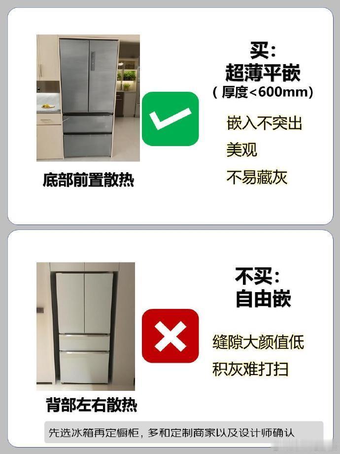 买冰箱前一定要做的功课 选冰箱先看散热方式，底部前置散热的超薄平嵌款，嵌入不突出