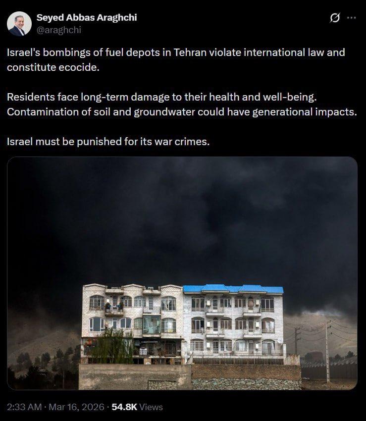 新闻快讯——伊朗外长：针对燃料库的袭击构成“生态灭绝”，对土壤和地下水造成代际影