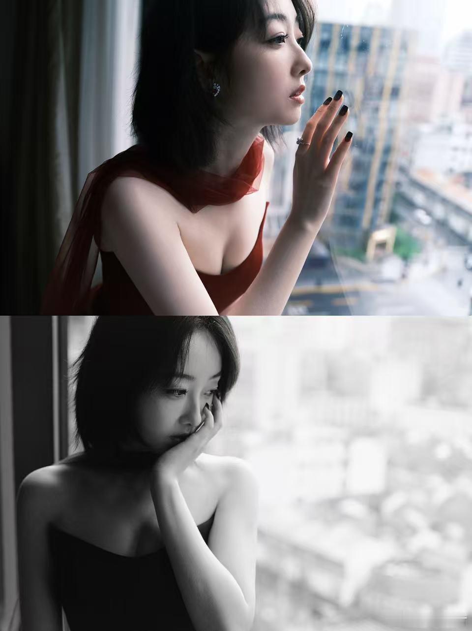 桃子今晚电影节造型真的太美了…黑白与胶片两种色调的写真各有韵味，这个酒红挂脖礼裙