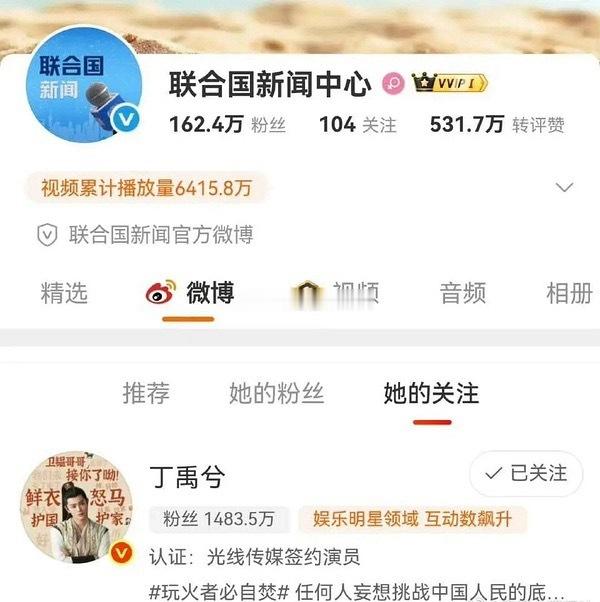 联合国新闻中心关注了丁禹兮诶