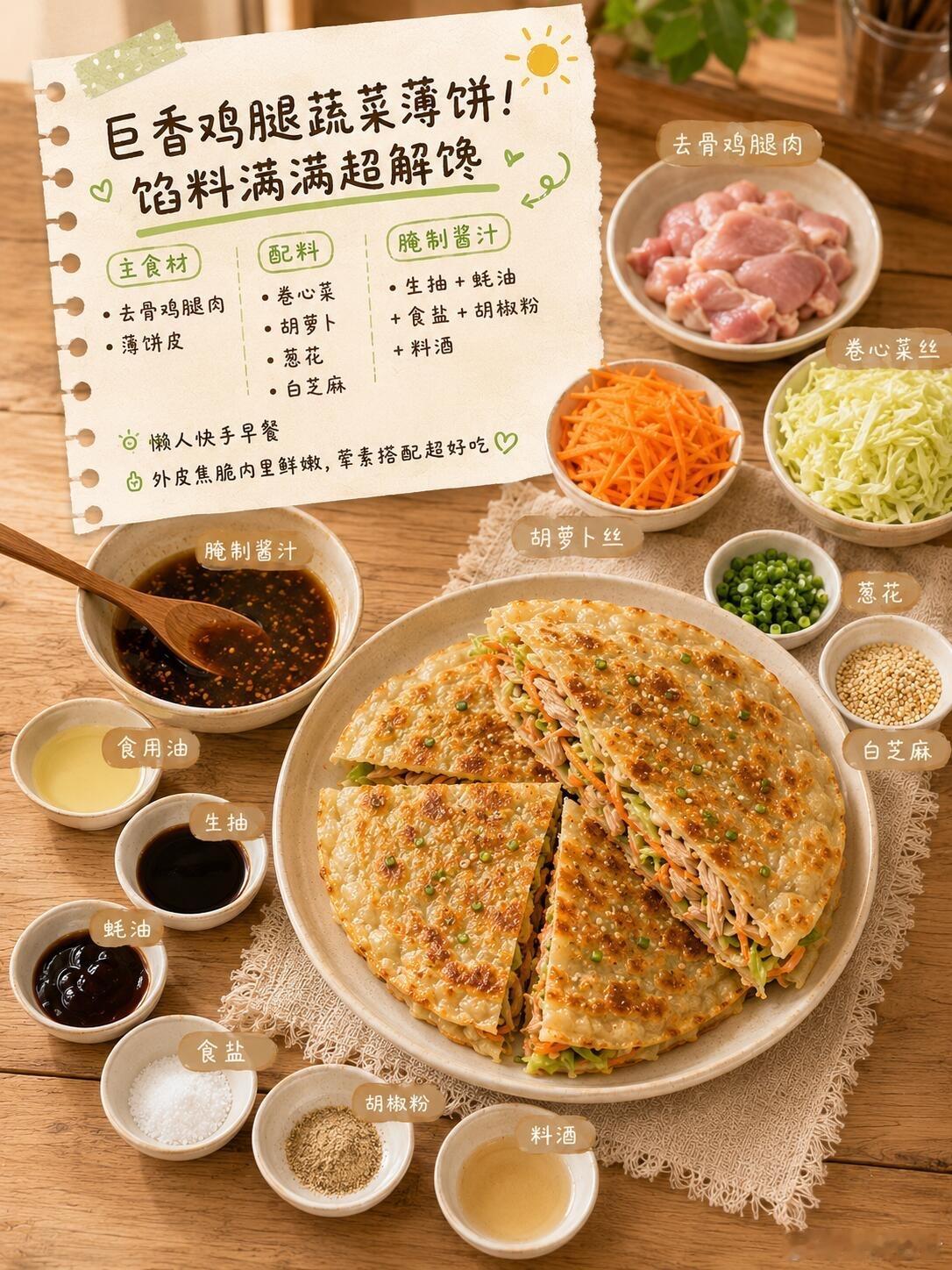 280大卡减脂早餐！鸡腿蔬菜饼巨好吃！保姆级低脂鸡腿蔬菜薄饼教程来啦！零难度懒人