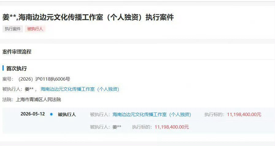 姜乘澜被执行1119万刚刚以姜乘澜复出的程十安，新增了一条被执行信息！做自媒体的