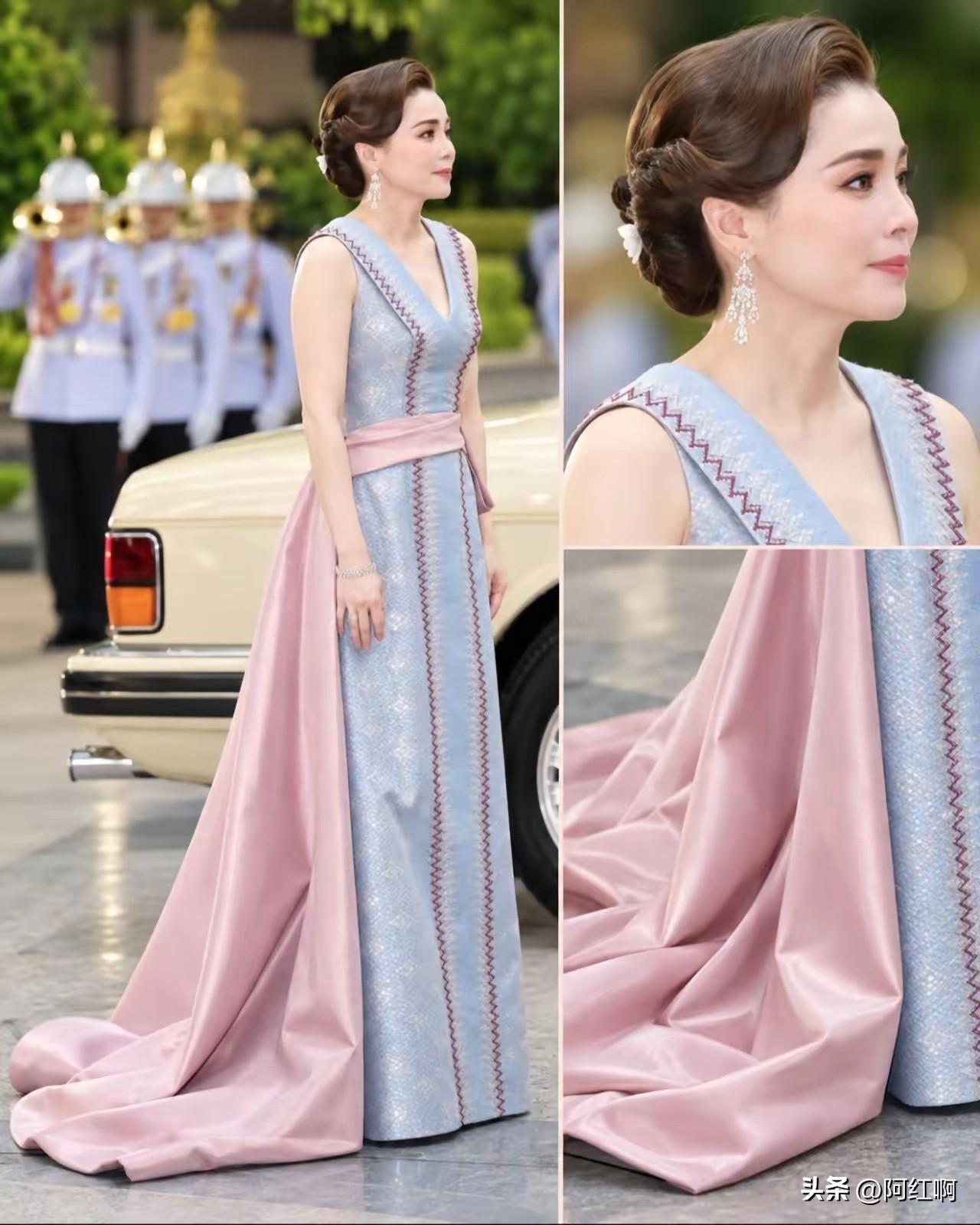 泰国王后能把高雅清新脱俗的拖地礼服，穿的如此华贵，这气质甩贵妃不止一条街，甩了一