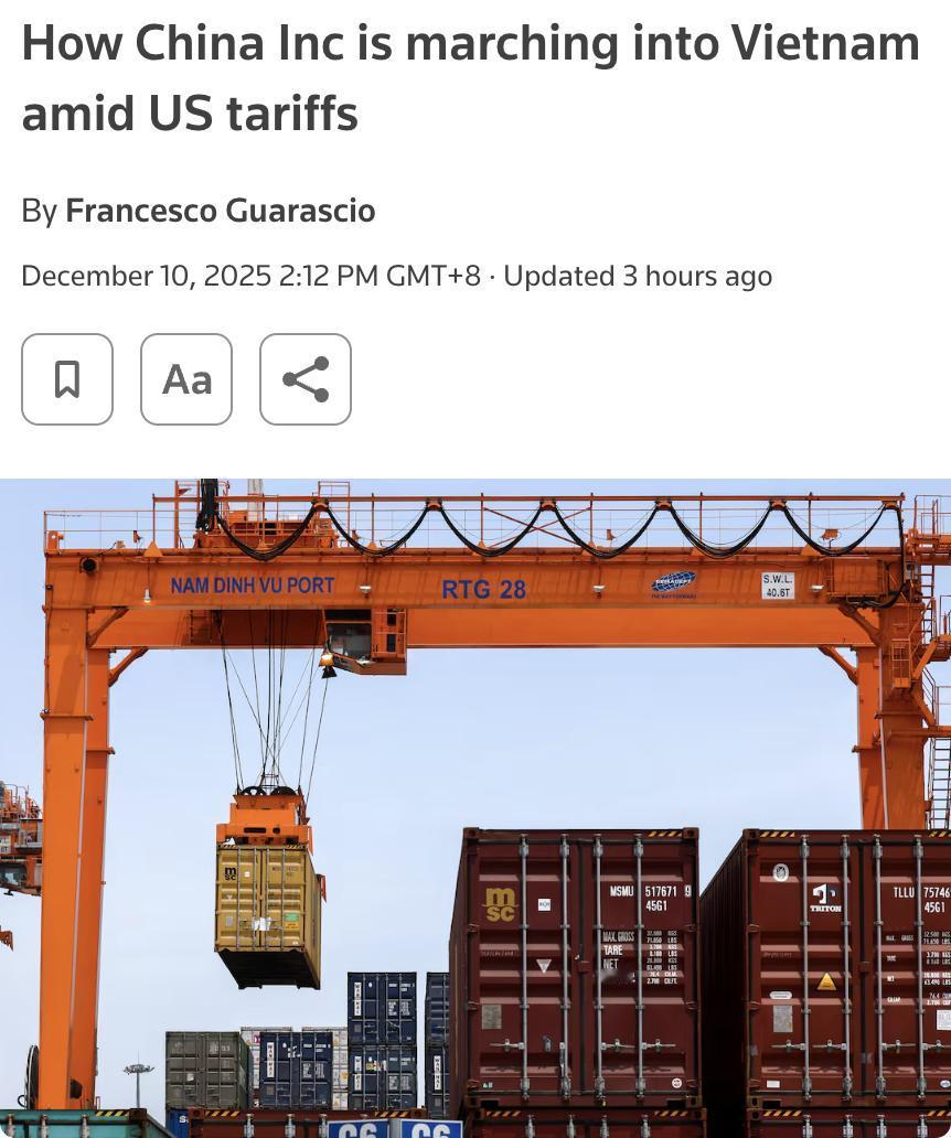 外媒：中国企业在越南的投资和业务正在迅速扩张。

2025年1月至11月，越南从