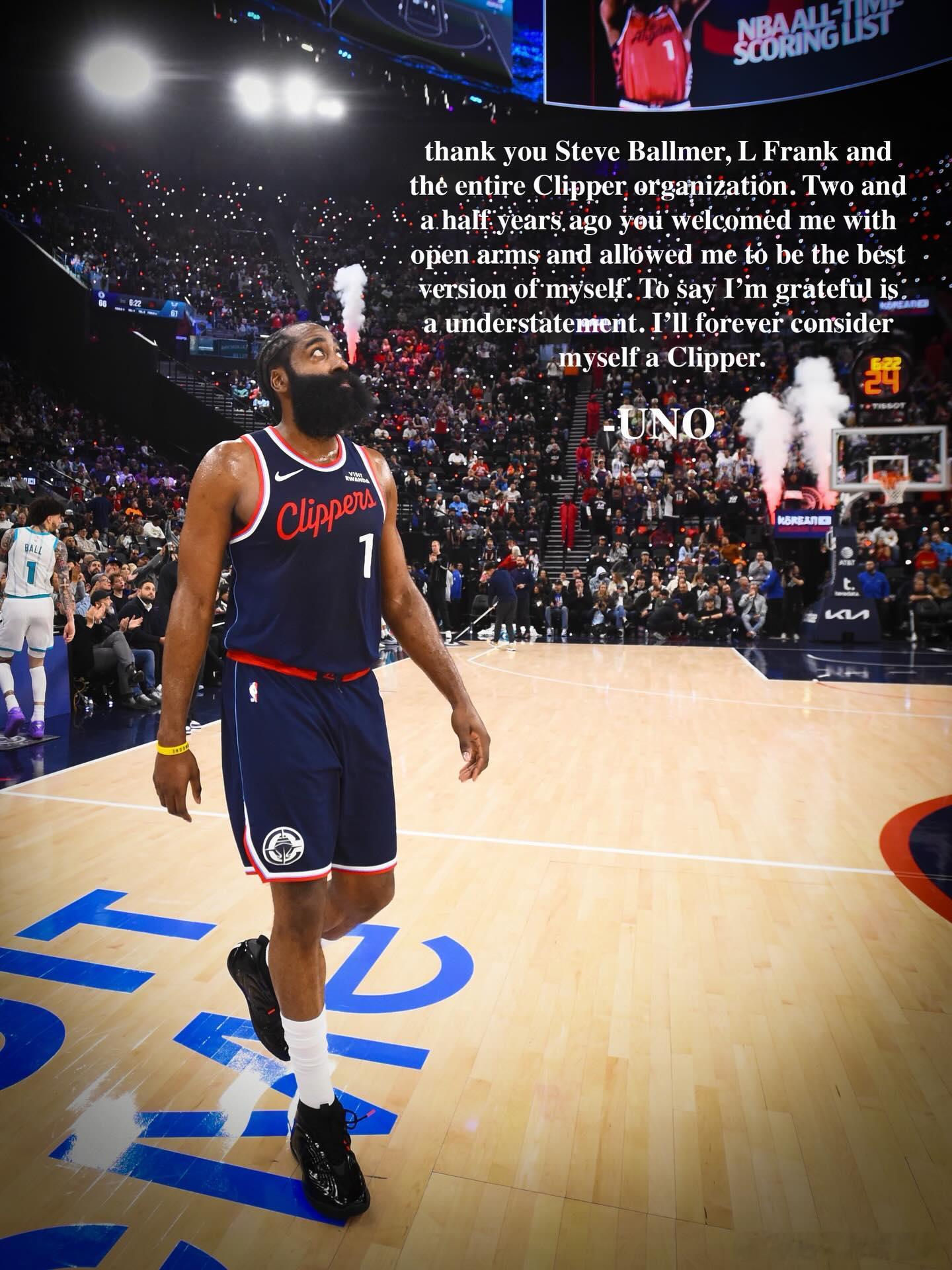 哈登致谢快船哈登被交易后发文 哈登被快船交易后发文：“感谢史蒂夫-鲍尔默，感谢劳