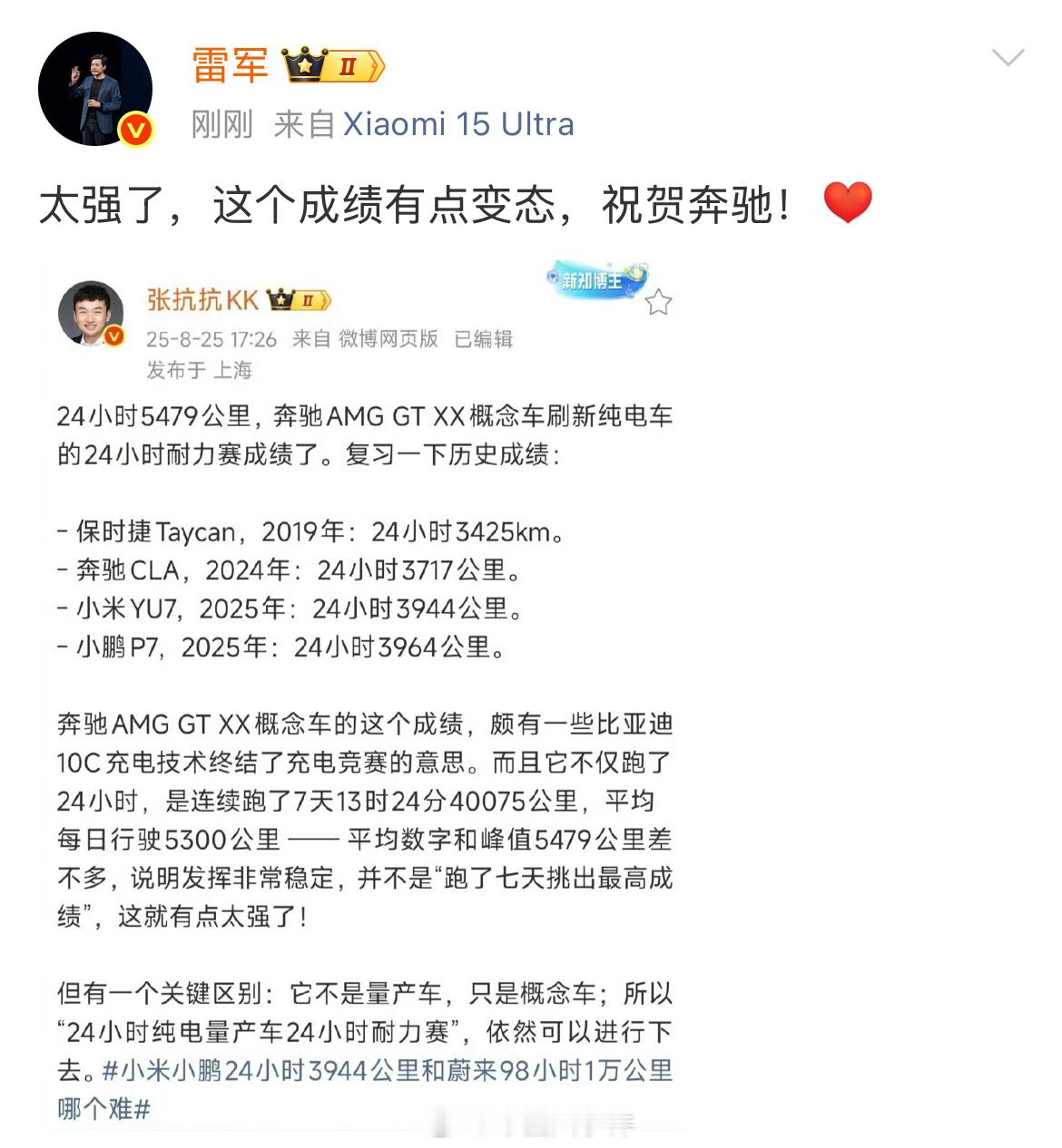 雷军祝贺奔驰创新纪录 就在刚刚，雷军发文对奔驰创造新纪录表示祝贺：“太强了，这个