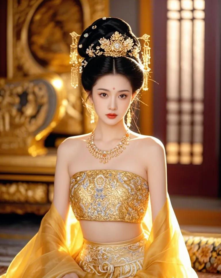 穿越时空的古典美人，身着华服，金碧辉煌的背景衬托出她的高贵与优雅。#美貌赛过杨贵