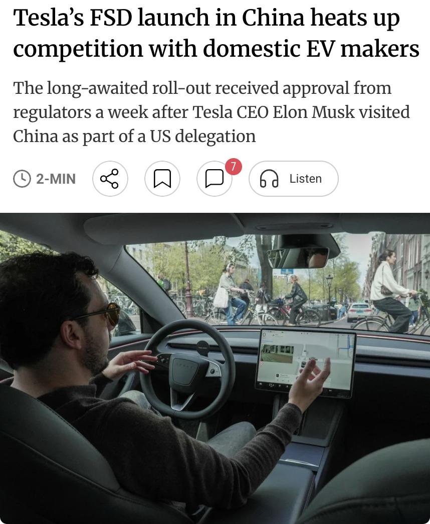 外媒：特斯拉FSD正式登陆中国，加剧本土电动车竞争

特斯拉宣布，其全自动驾驶系