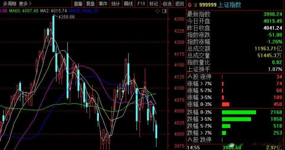 4000点失守！明日年线生死劫（附核心代码）三大指数全线承压，沪指失守4000点