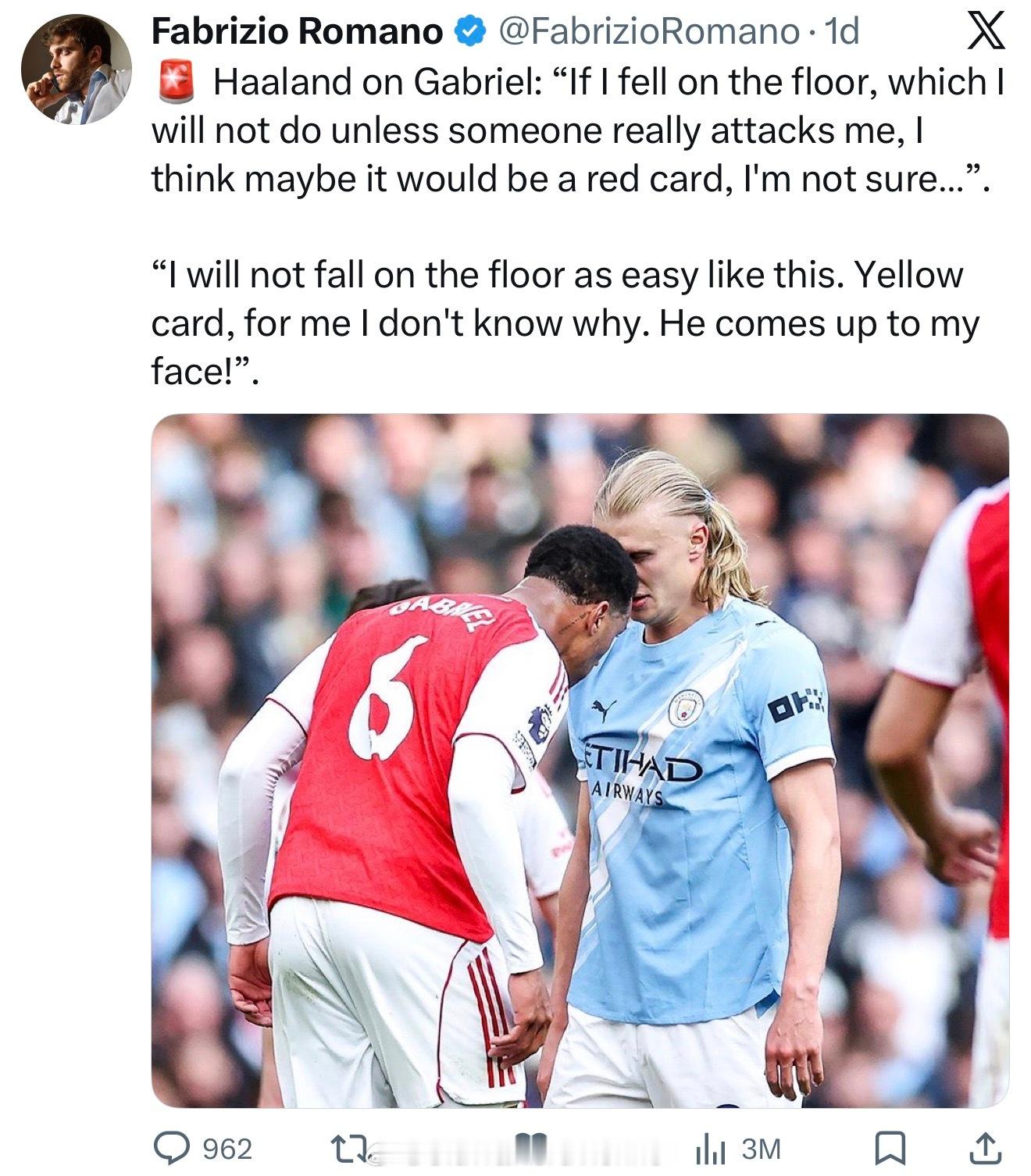 哈兰德：如果我倒地了对方可能会是红牌？我不知道。但我没那么做，除非对方用力推倒我