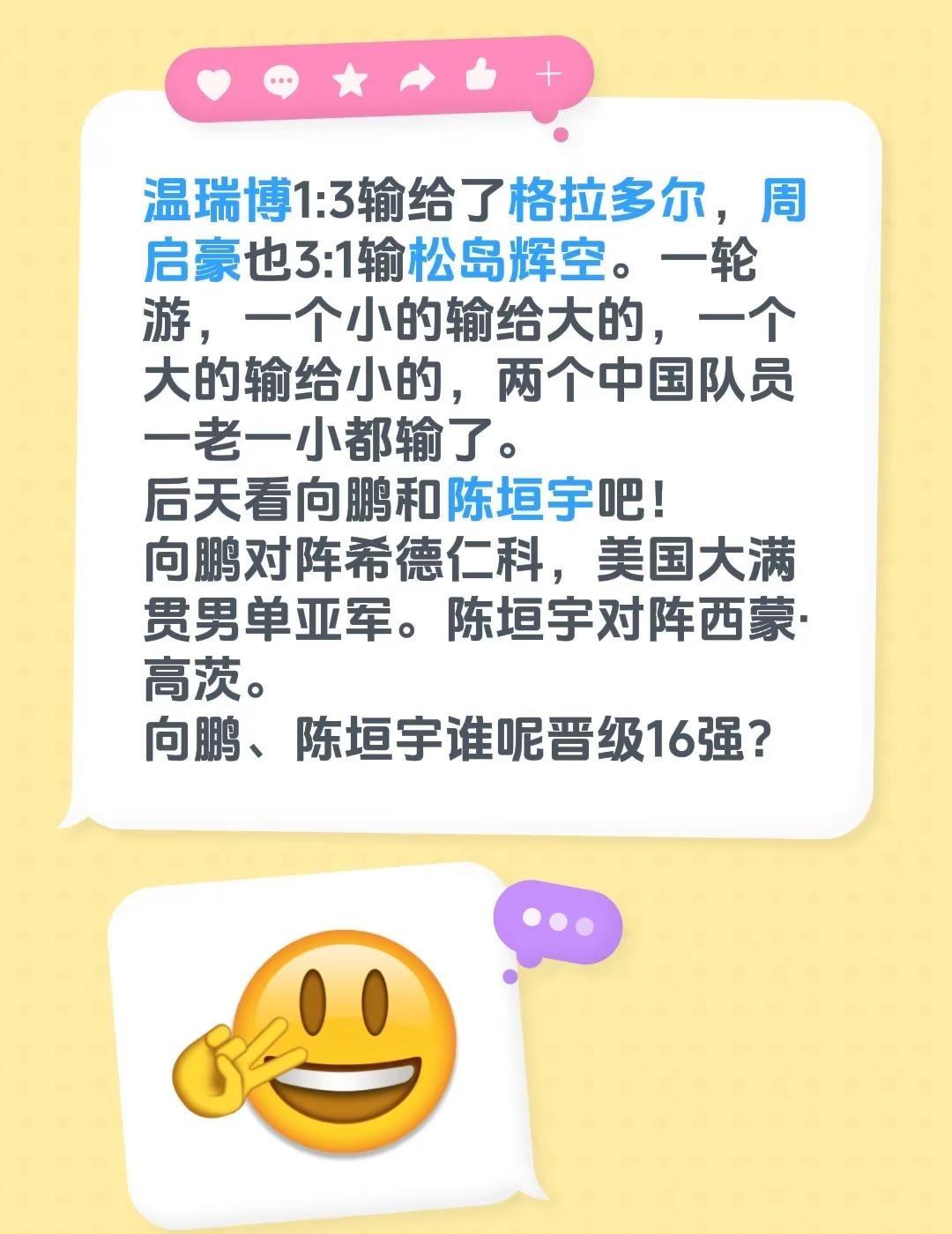 温瑞博1:3输给了格拉多尔，周启豪也3:1输松岛辉空。一轮游，一个小的输给大的，