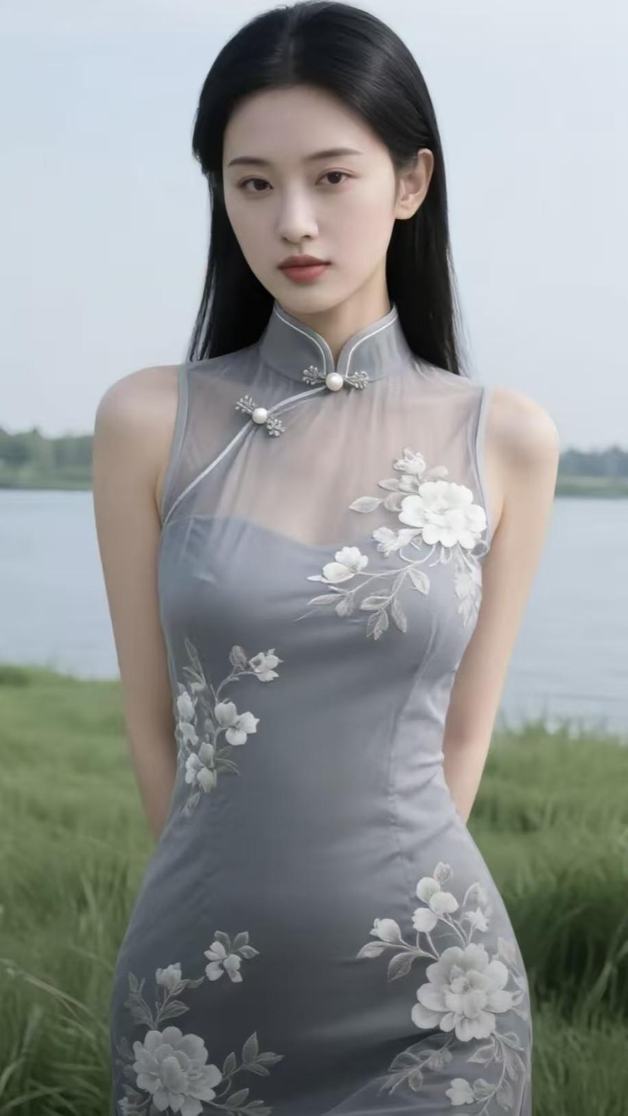 塞鸿秋·江畔旗袍
长堤软草如烟暮，
一江清水天如素。
素衣云鬓凝轻雾，
暗香风过