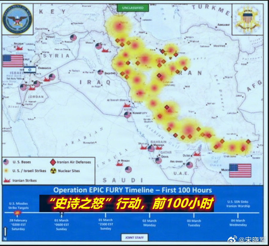 图1：看到美对伊朗发动“史诗之怒”前100小时打击伊朗西部沿海目标的图景；图2：
