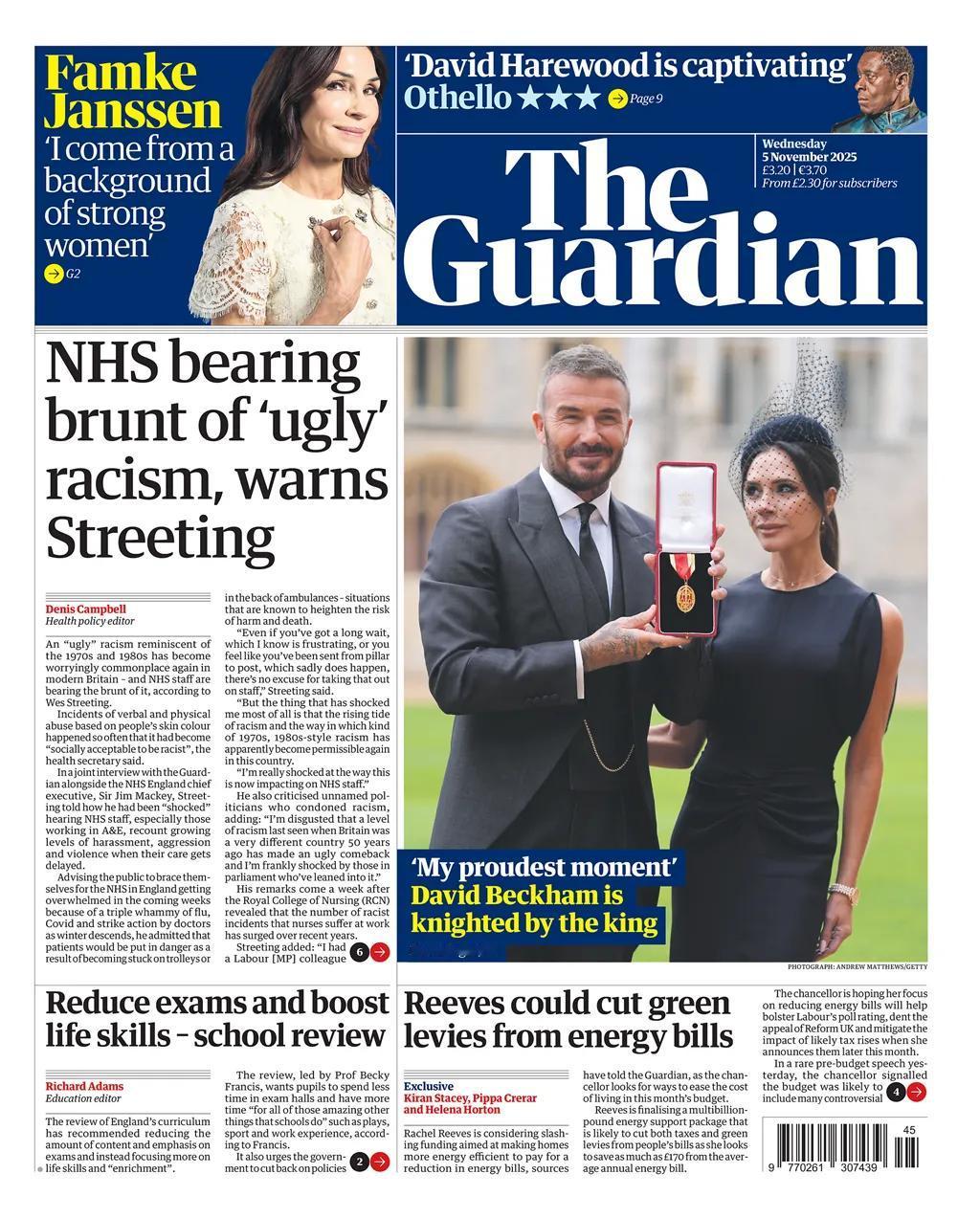 《卫报》头版报道，大卫·贝克汉姆于2025年11月4日被英国国王查尔斯三世授予‌