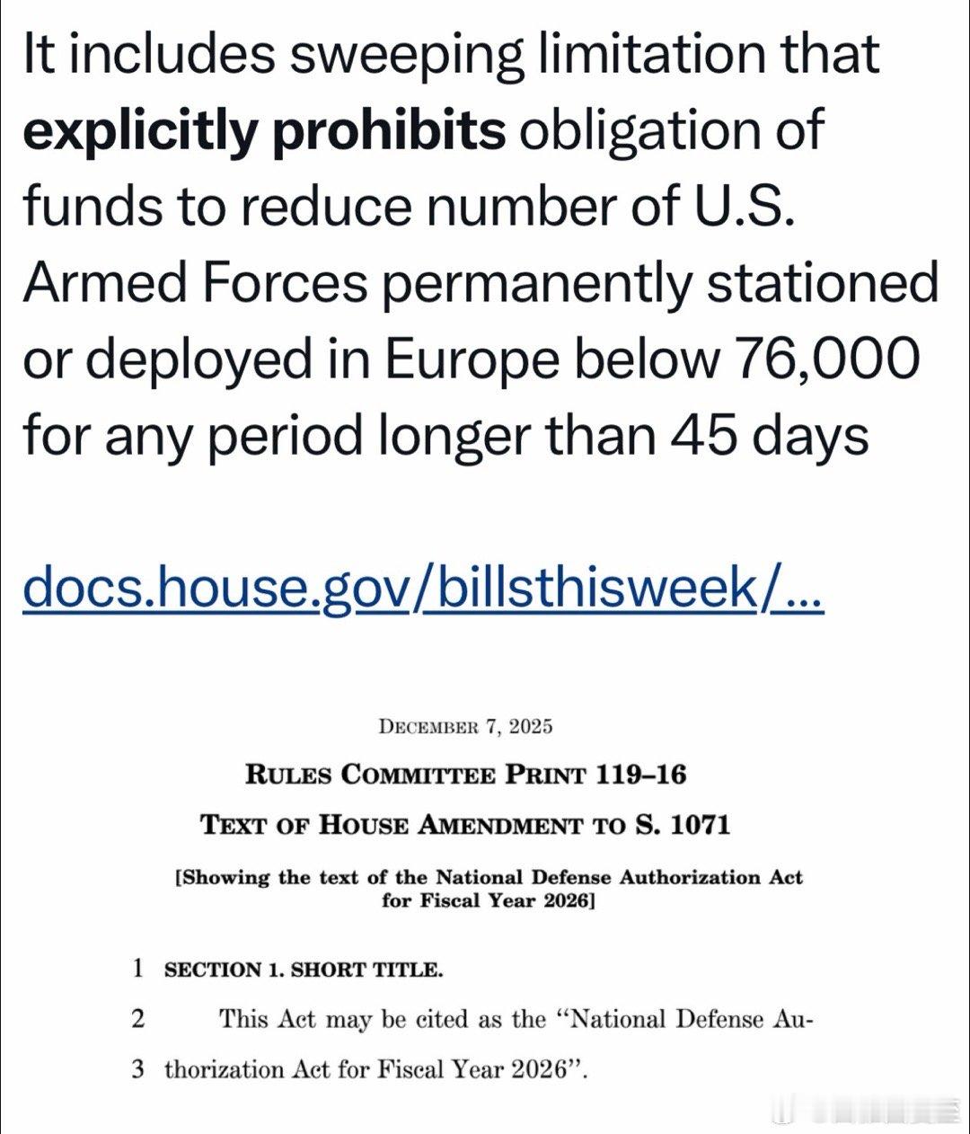 国会的国防授权法案，与联邦的国家安全战略，对待欧洲，有重大区别，例如：- 禁止在