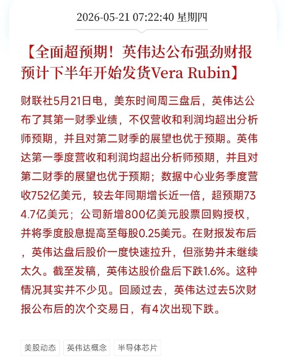 周四盘前利好消息来了！利好消息如下：利好消息1：英伟达Q1业绩全面超预期，营收增