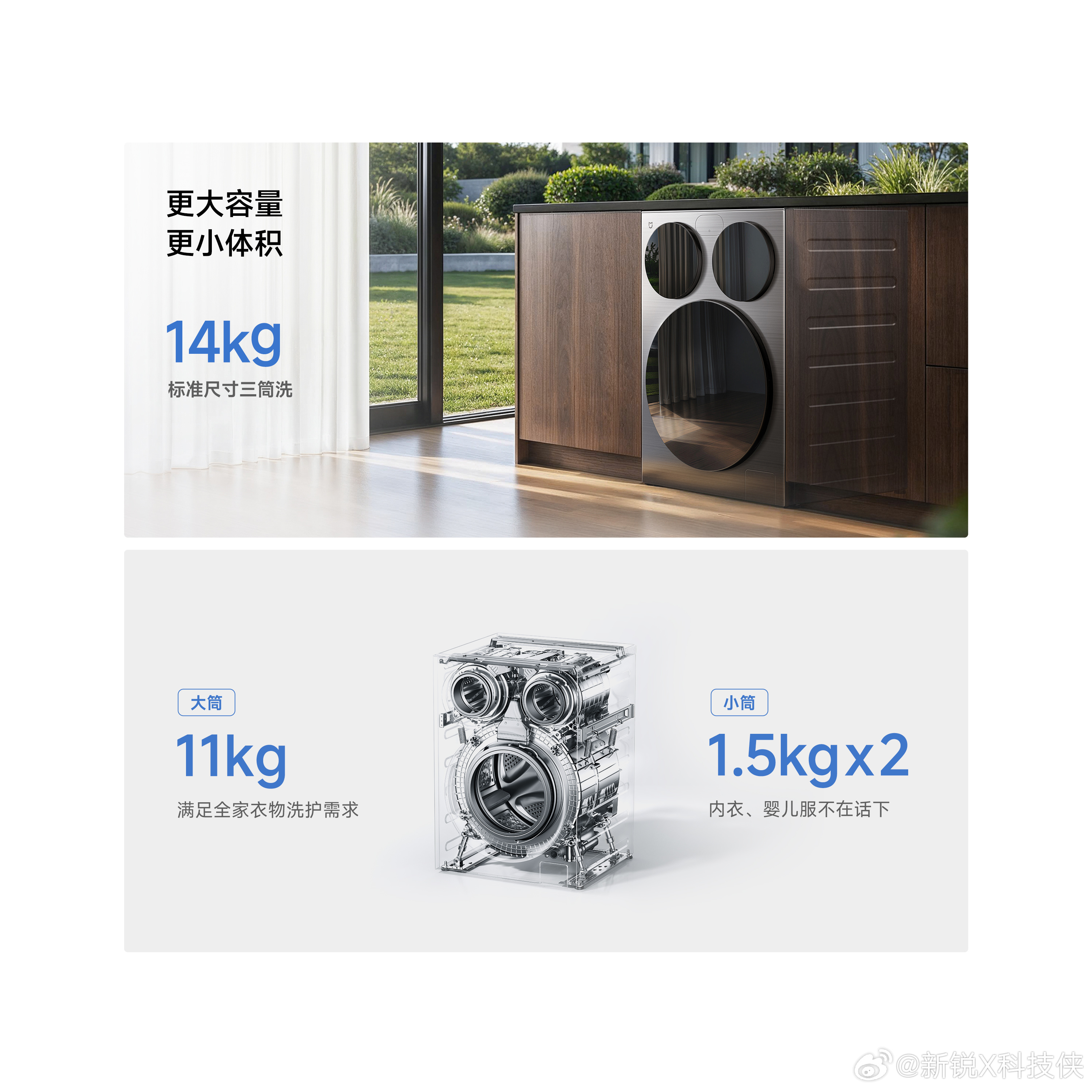 小米三筒洗衣机 有娃家庭或者讲究衣物分区洗的，终于不用在阳台摞两台洗衣机了！米家