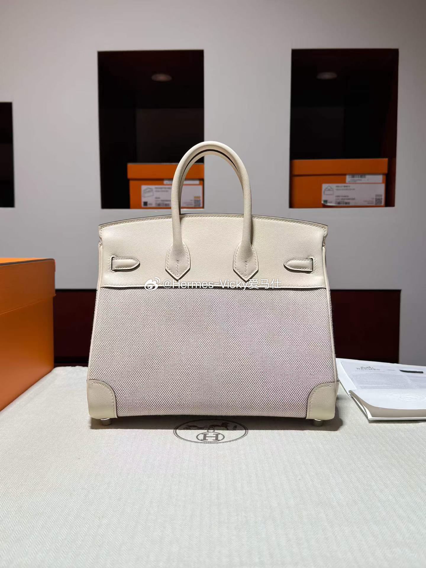 Birkin 25 T&C Swift拼帆布Toile H 奶油白 银扣 帆布拼