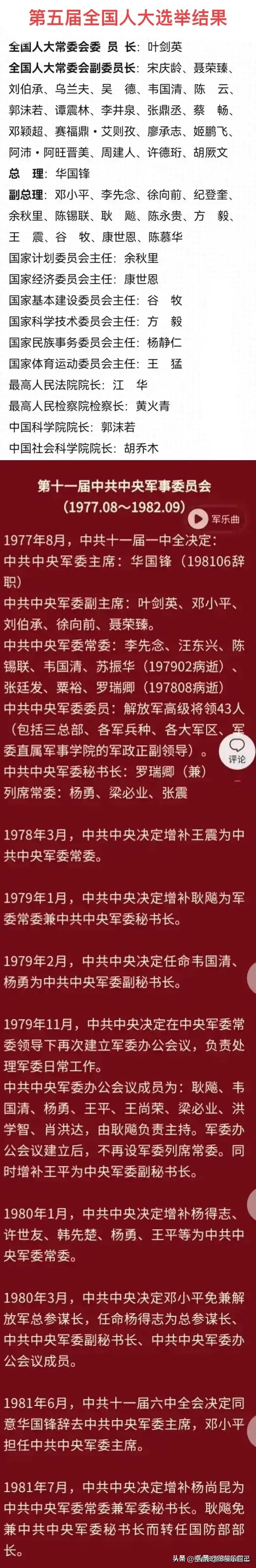 第五届全国人大选举结果一览表。
总理是华国锋，第一副总理是邓小平。委员长是叶剑英