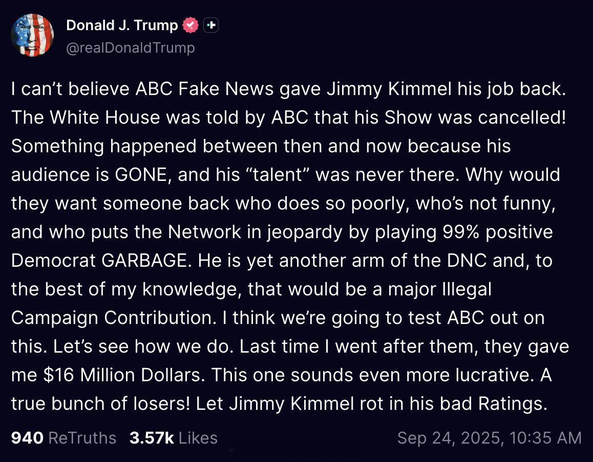 Jimmy Kimmel节目复播，川普威胁状告ABC："我真不敢信，ABC假新闻