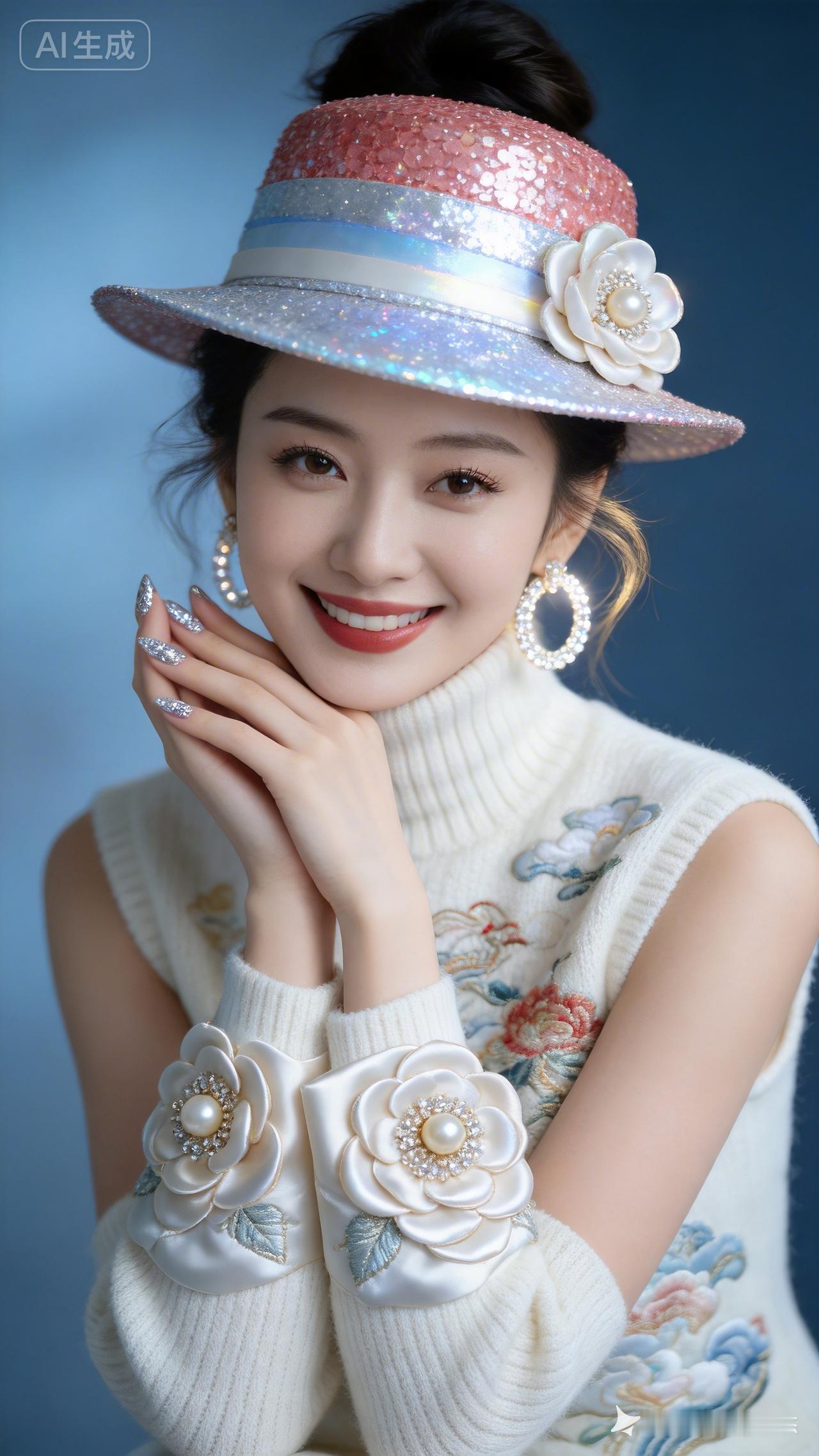 绝世美女凹凸有致黄金比例，面向镜头笑靥如花。着奶白高定名绣羊绒无袖高领衫，配桃红