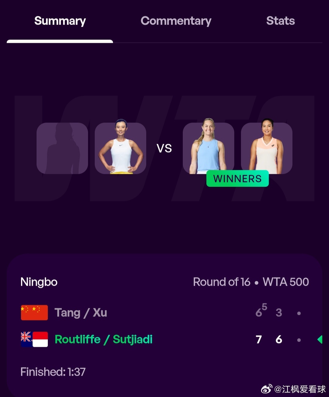 WTA500宁波站🇨🇳女双首轮汤千慧🇨🇳/徐一璠🇨🇳6-7(5)/3