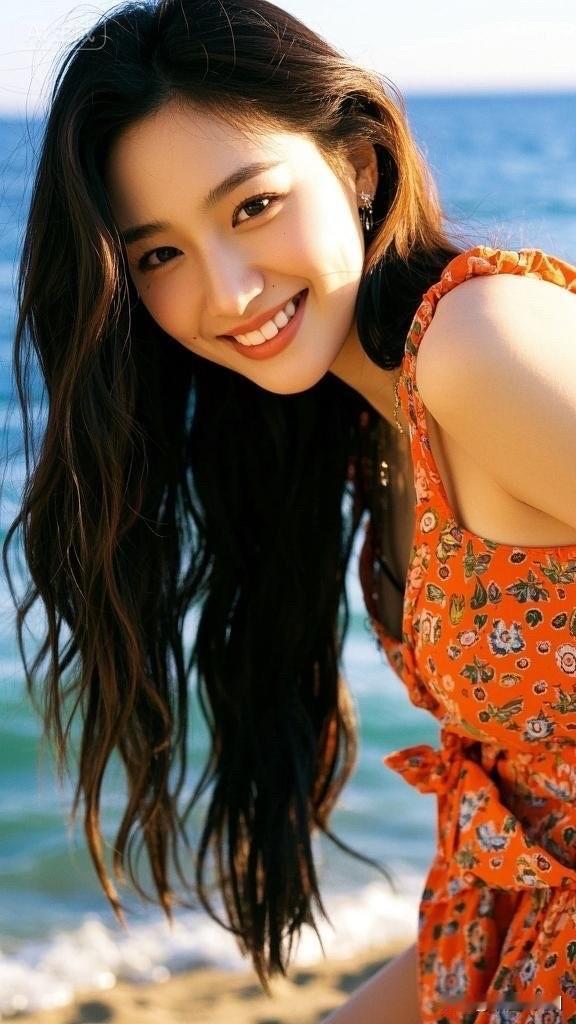 海边少女，微笑如花，裙摆飘逸，海风轻拂，幸福时光。