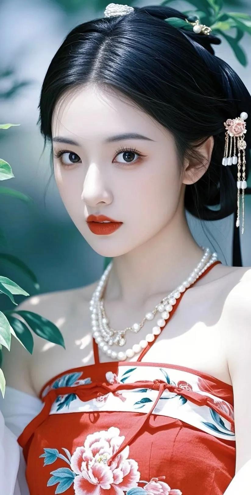 古典美人，红衣花间，韵味十足