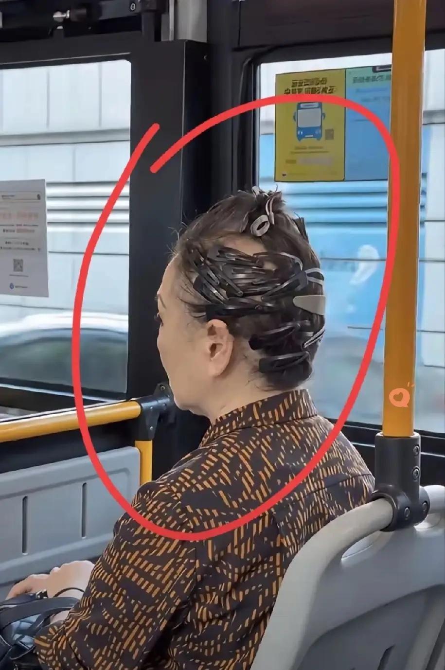 公交车上偶遇这位阿姨，满头卡子安排得满满当当，为了显发量真是费尽心思，你们见过吗