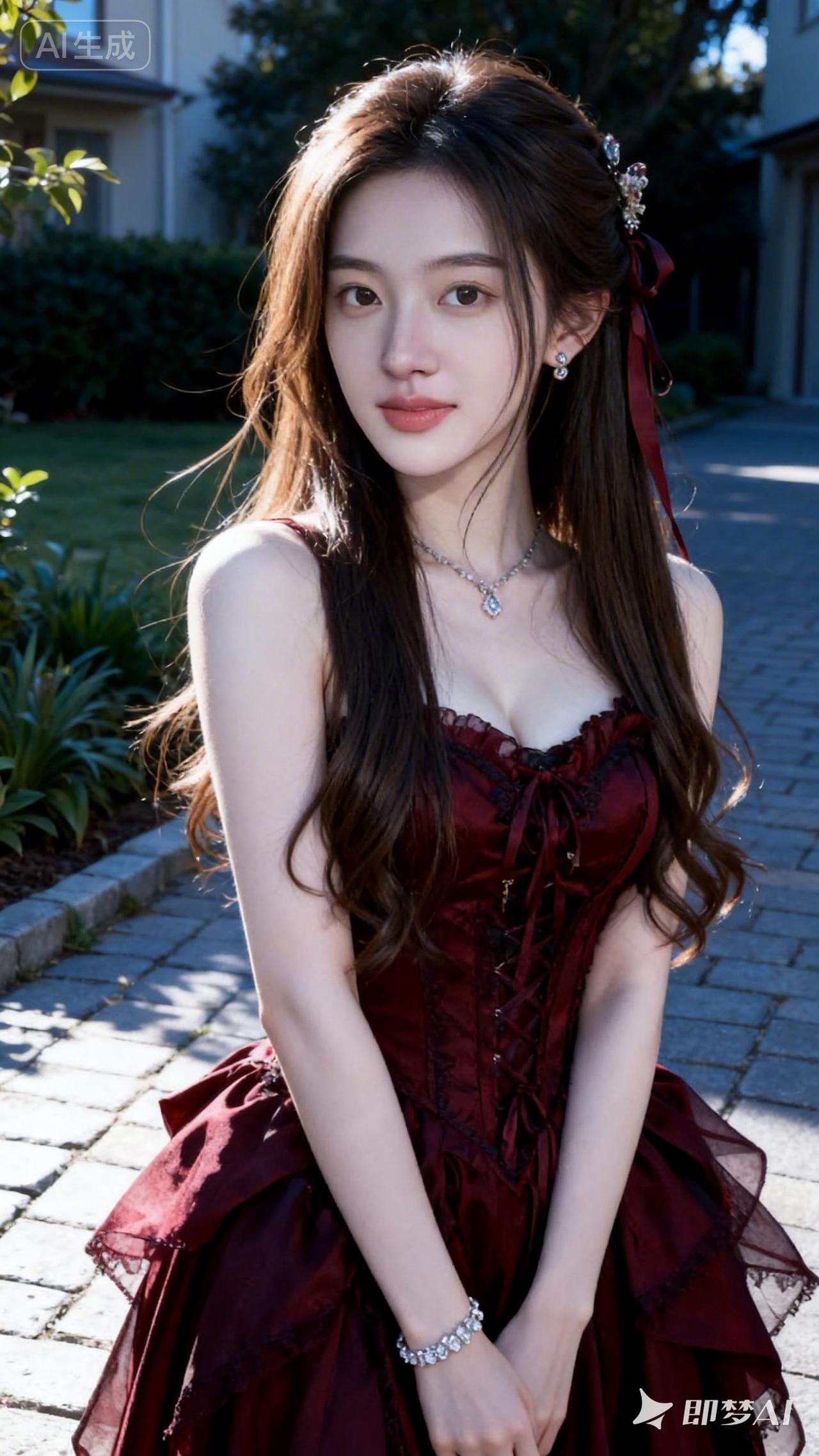 优雅红裙，甜美少女，阳光下的梦幻时光