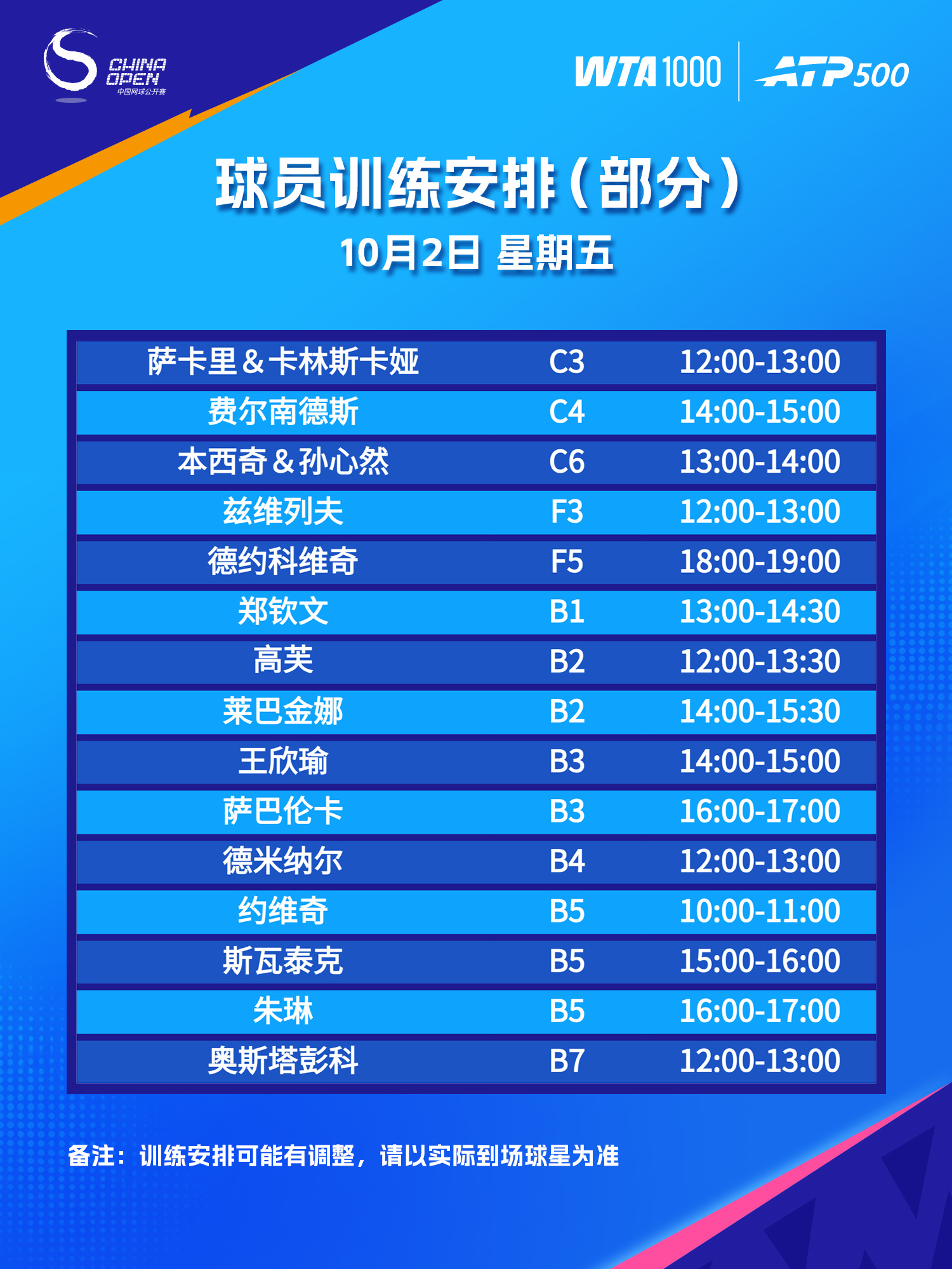 🎾 10月2日部分球员训练安排📍C场、F场、B场均有训练安排👉注意球员训练