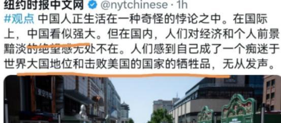 纽约时报称，“中国人生活在一种奇怪的悖论中，在国际上中国看似强大， 但在国内，人