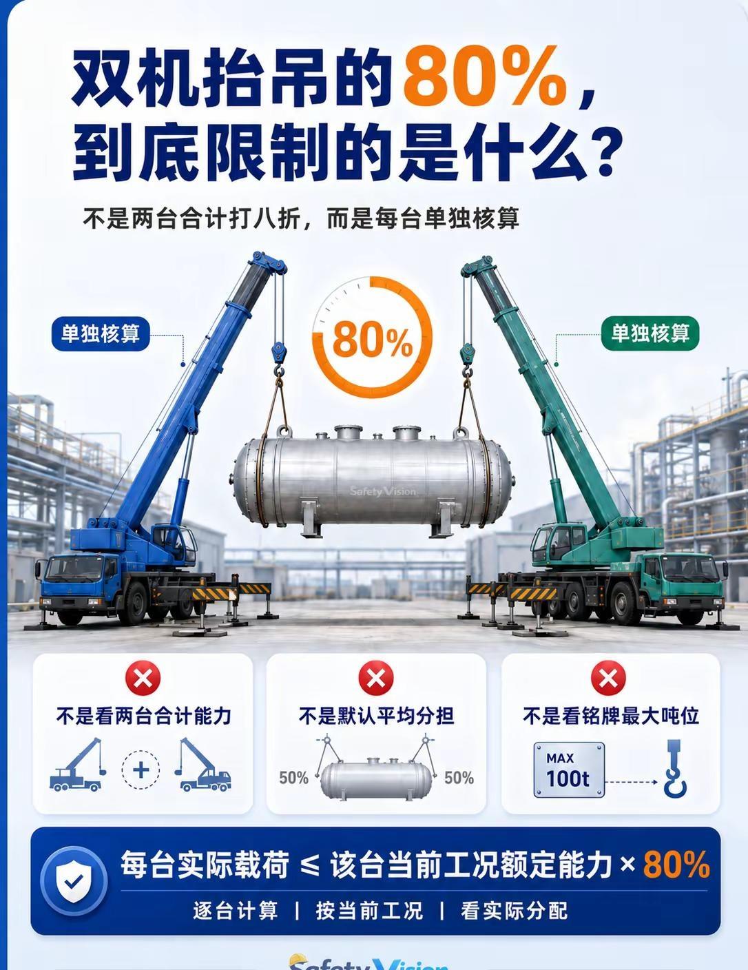 双机抬吊的80%，很多人都算错了。双机抬吊不是“两台能力加起来×80%”就安全。