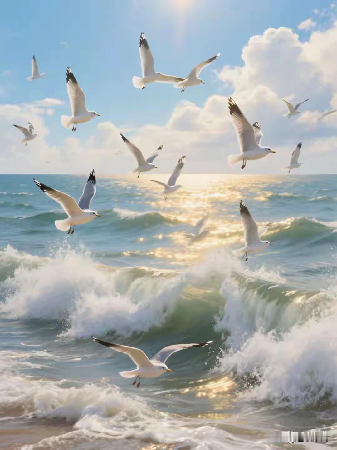 上联：群鸥掠浪衔云气
下联：鲨鱼出水觅美食