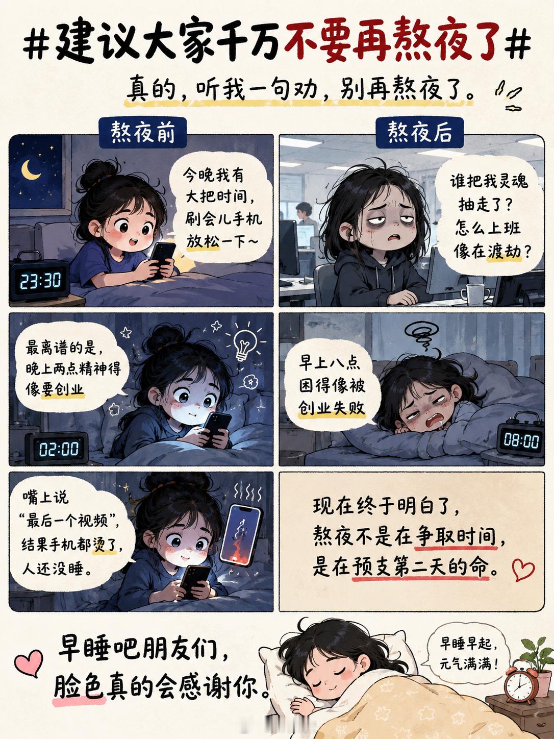 建议大家千万不要再熬夜了真的，听我一句劝，别再熬夜了。熬夜前：今晚我有大把时间，