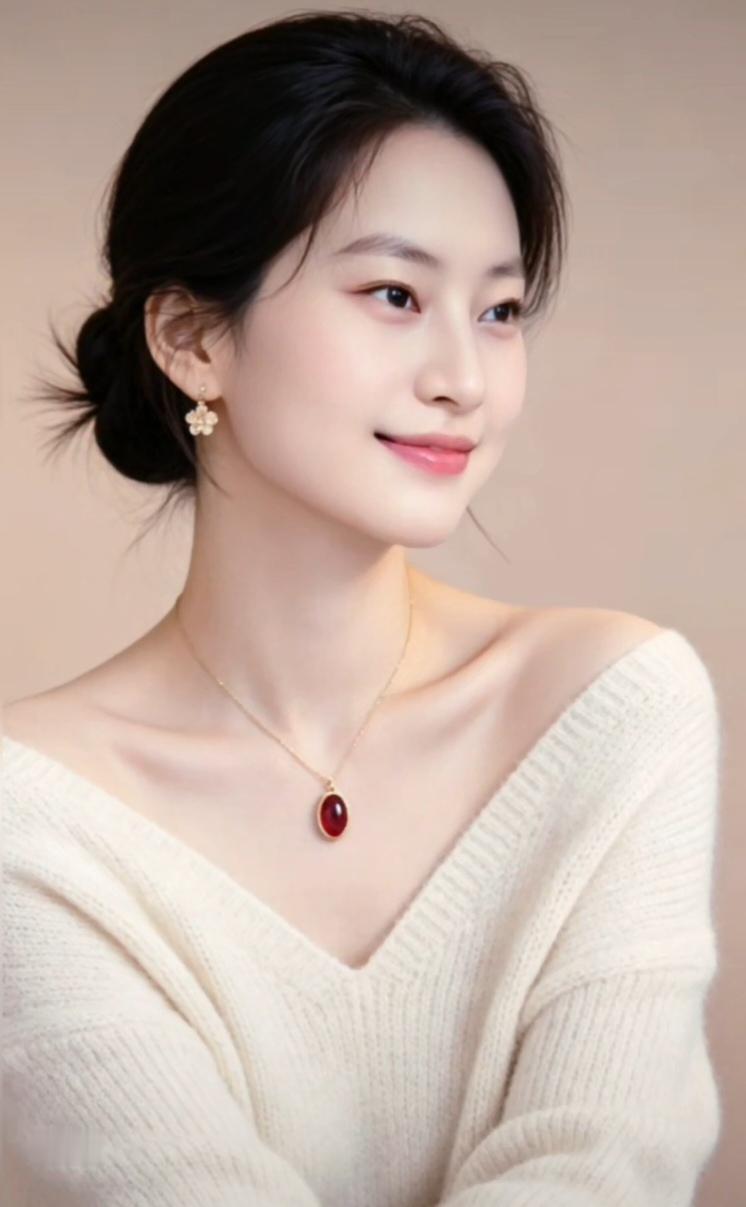 这位美女穿着毛衣，戴着红色项链，好温柔！