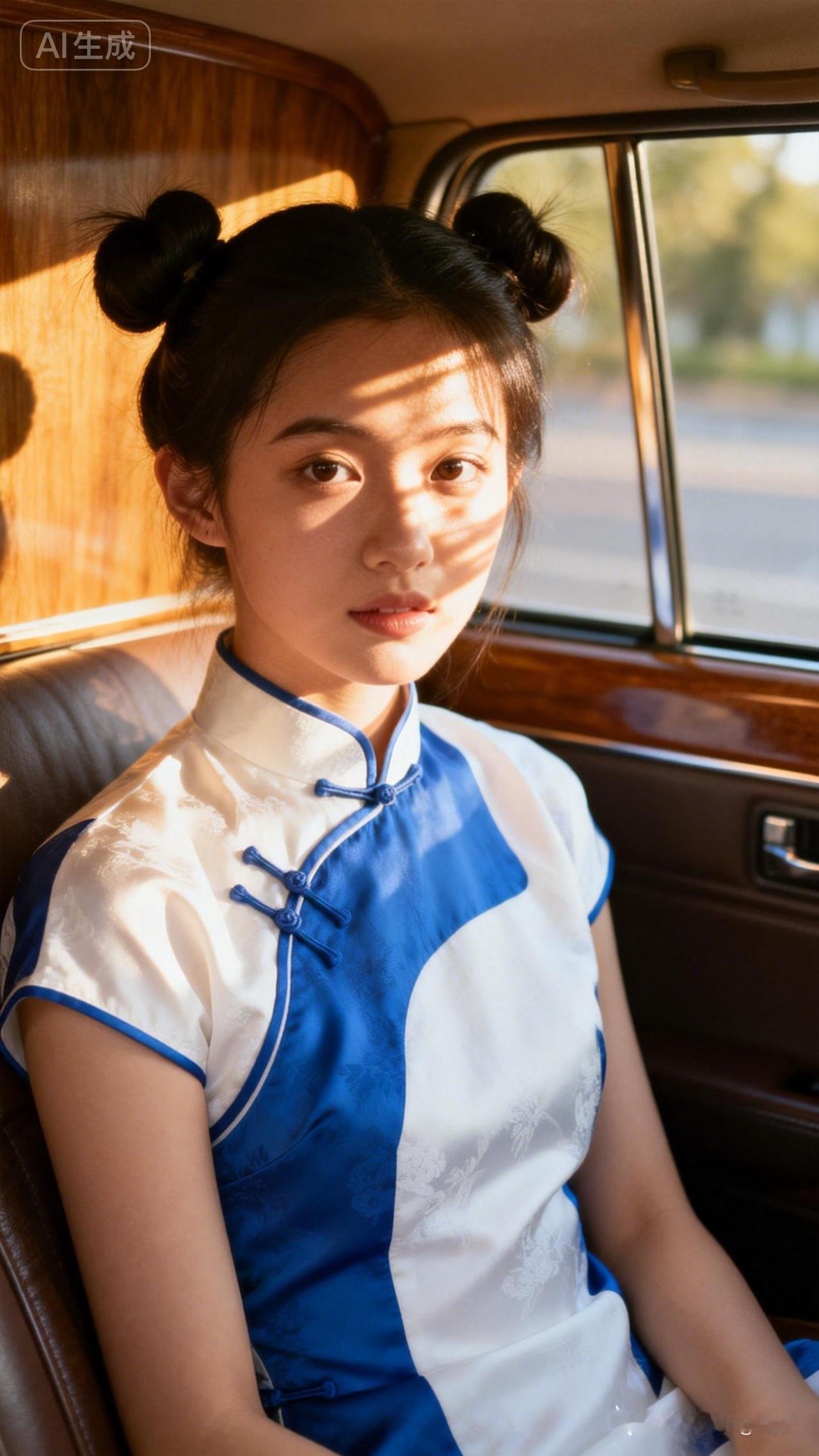 复古车内，蓝白旗袍少女，时光静好