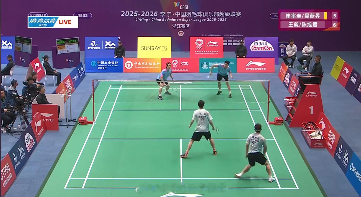 羽超联赛 瑞昌碧源 1-2 浙江竞体 女双 谭宁/陈芳卉 14-16 15-11