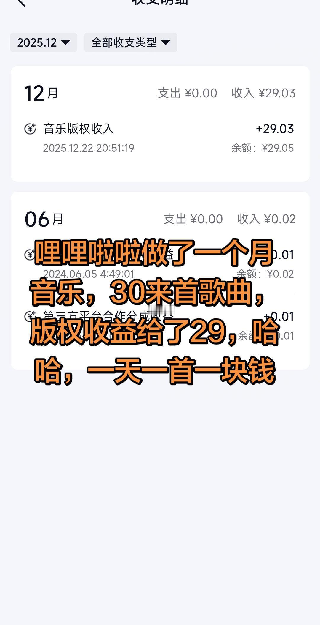 哩哩啦啦做了一个月音乐，发布了30首原创音乐，收益29，聊胜于无，继续创作吧。抖