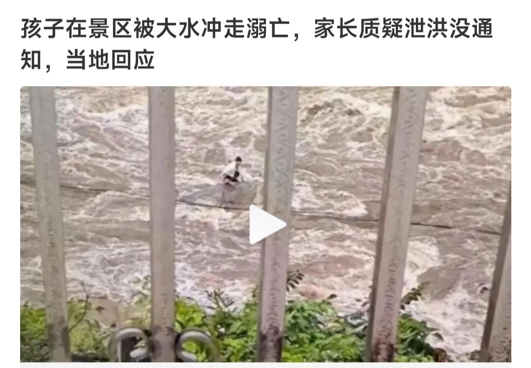 妈妈带着孩子在景区玩耍，突然景区泄洪，孩子被洪水冲走了。

妈妈怪景区没有通知。