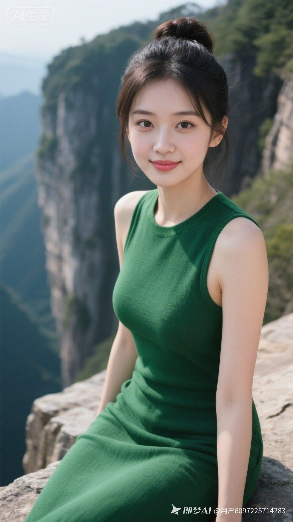 一个穿绿色裙子的女孩坐在山崖边。