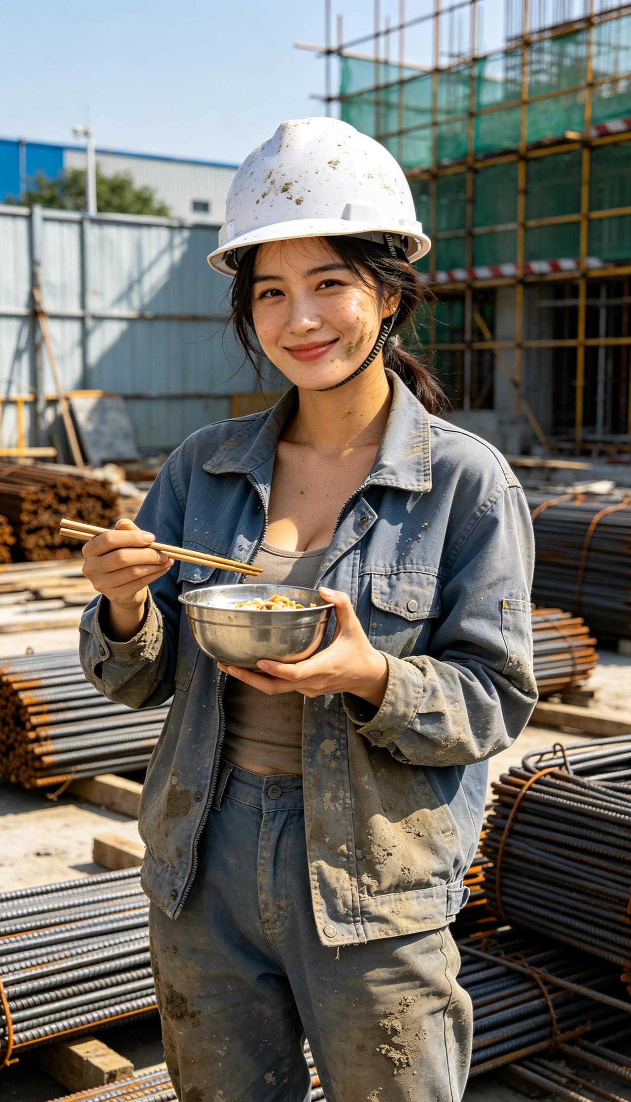 谁能想到，照片里这个笑容灿烂、穿着沾满泥灰工装的小姐姐，其实是个累到汗流浃背的钢