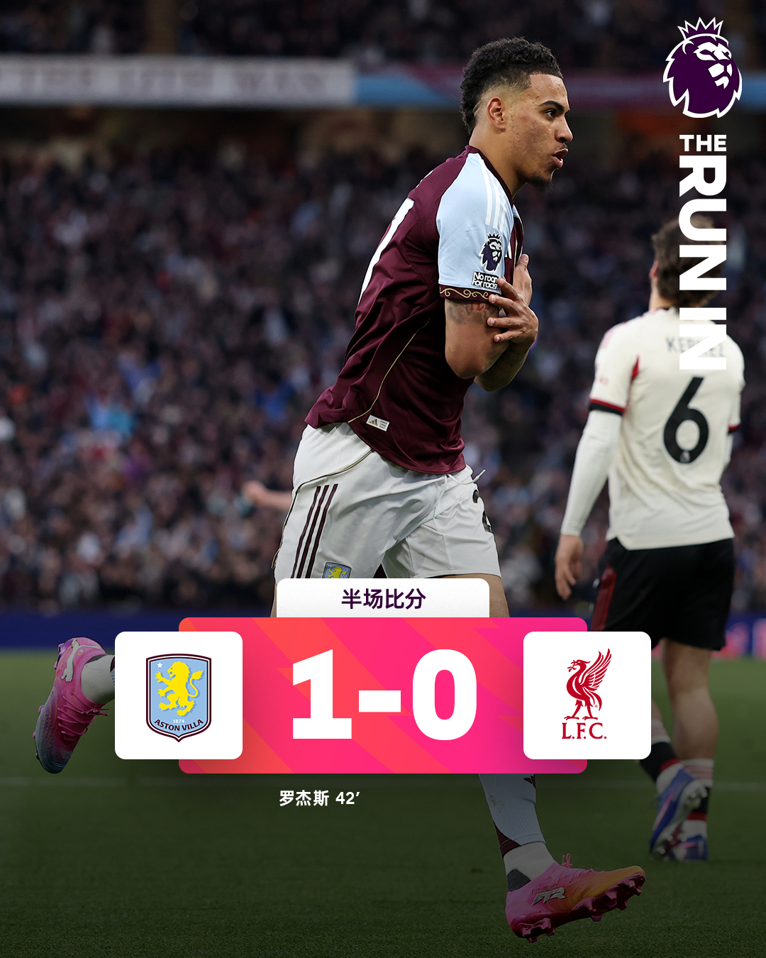 半场比分 | 阿斯顿维拉 1-0 利物浦⚽第42分钟，迪涅前场左路突破横敲，罗杰