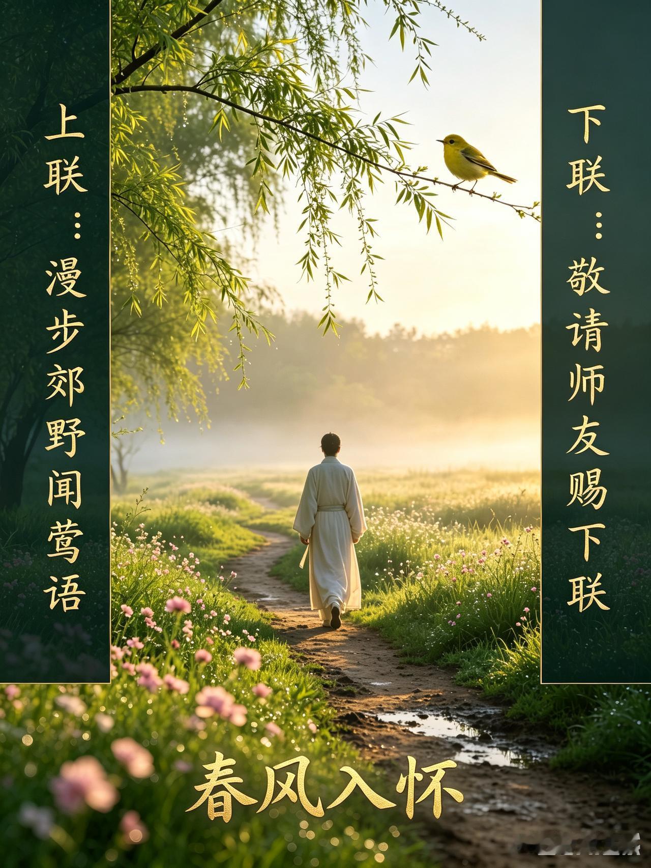 上联：漫步郊野闻莺语
下联：？？？？？你请

工作之余走出户外，看着秀丽景色我心