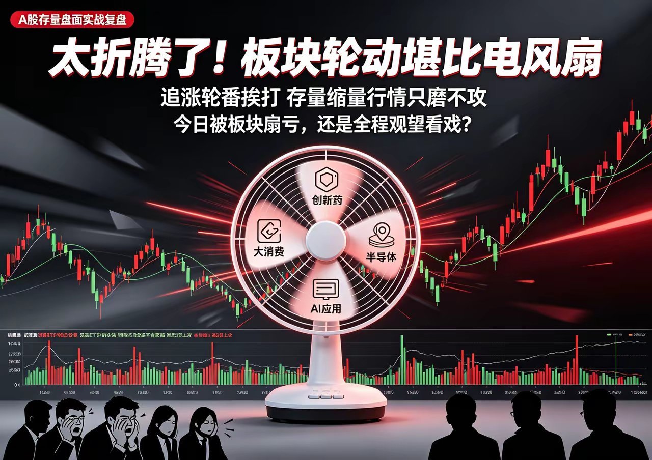 太折腾了！上午还在缩量，板块轮得跟电风扇一样，一会创新药一会大消费一会AI应用，