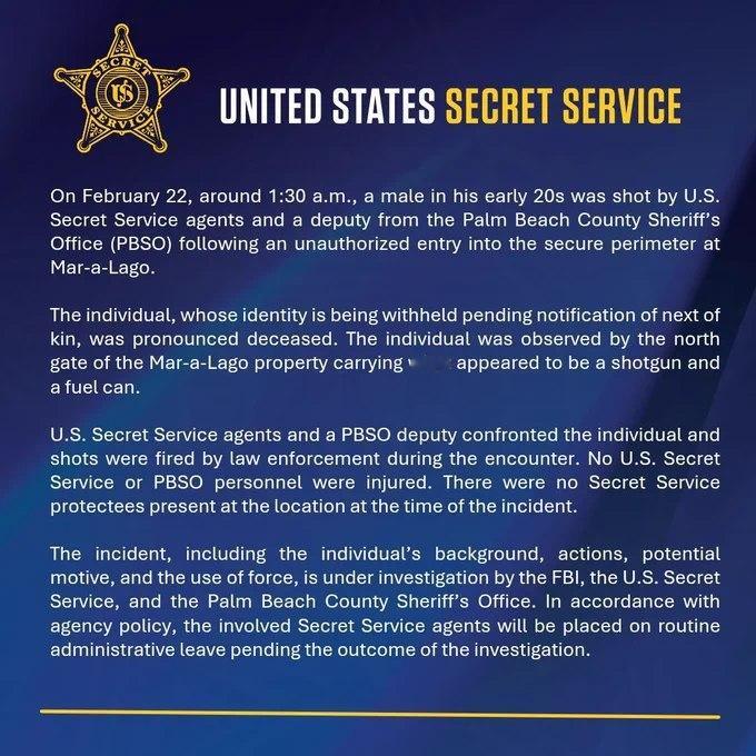 一男子持枪闯入海湖庄园被击毙，FBI 已介入调查当地时间 2 月 22 日凌晨 