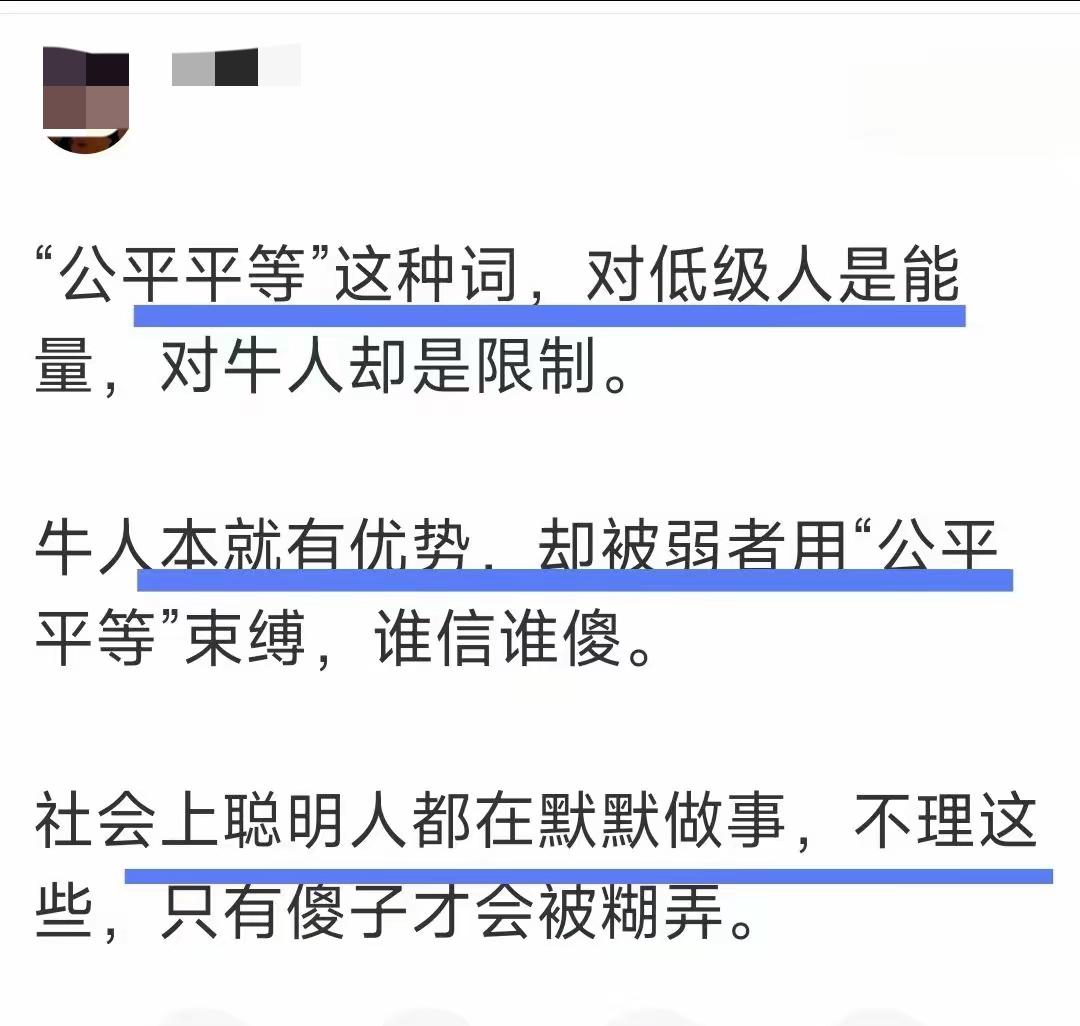 有网友竟然这么说；
他认为，公平，平等这种词；
只是对底层人是能量；
但对顶尖的